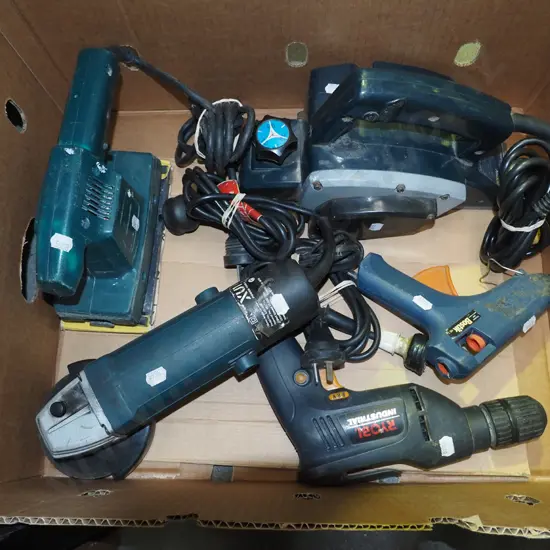 box; electric grinder, planer, sander, drill etc