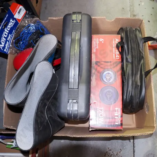 box; car stereo, speakers, camp stove etc