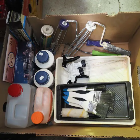 box; paint brushes, rollers, paint stripper etc