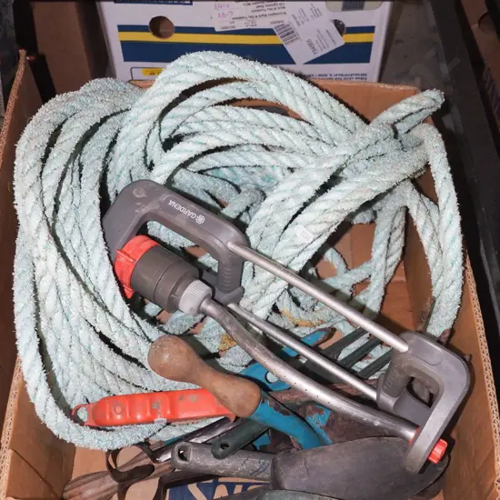 box; rope, garden tools, sprinkler