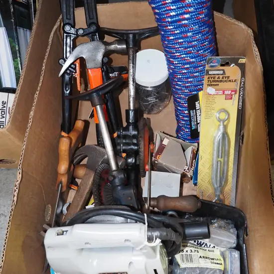 box; hammer, rope, jigsaw etc