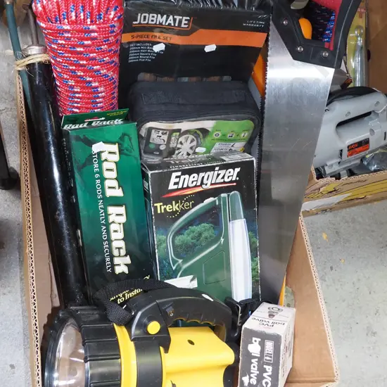 box; torches, rope, rod rack etc
