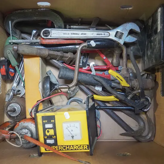 box; battery charger, oiler, crescent etc