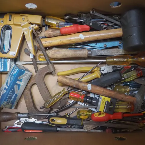 box; rubber mallet, vice grips etc
