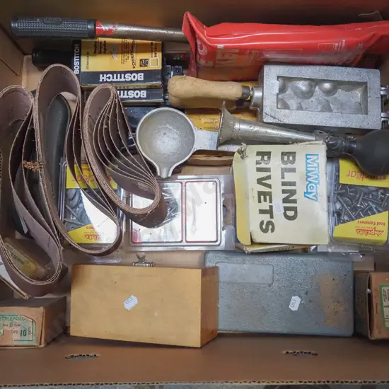 box; belt sander belts, fire blanket, engineers alphabet punches etc