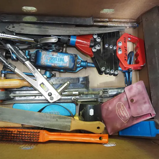 box; riveter, builders square, wire brush etc