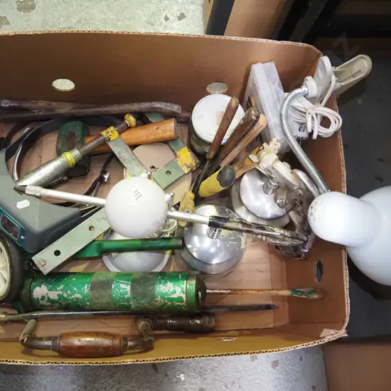 box; desk lamps, grease guns, length of chain etc