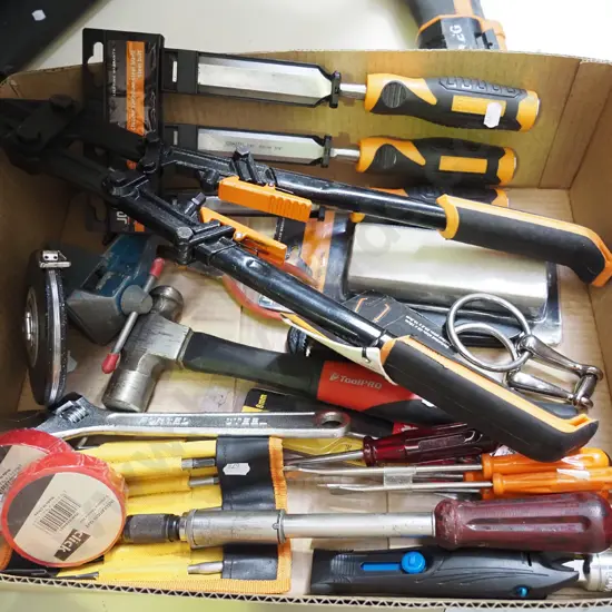 box; hammer, chisels, bolt cutters etc