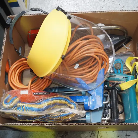box; proctective face shield, caulking guns, extension cord etc