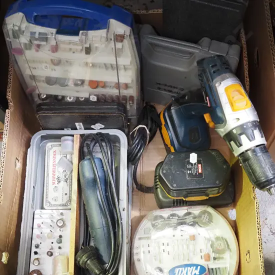 box; battery drill,  Colt rotary tool and accessories etc