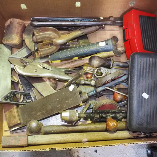 box; builder's square, hatchet, ball peen hammer etc