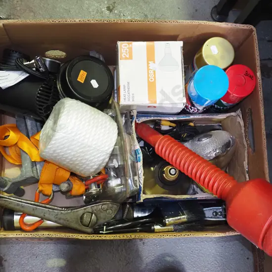 box; car filler, 12V compressor, rope etc