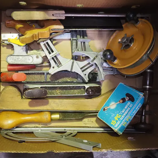 box; rasps, framer's clamps, fishing reel etc