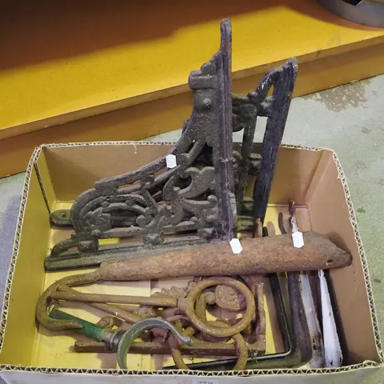 box; cast iron shelf brackets, rollicks etc