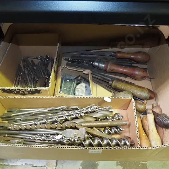 box; files, drill bits, hinges