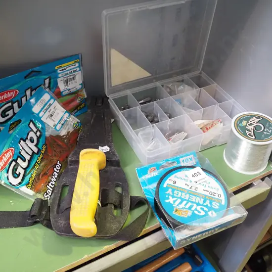 fishing lines, soft baits, sinker etc