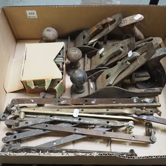 box; vintage planes, hinges, window hardware