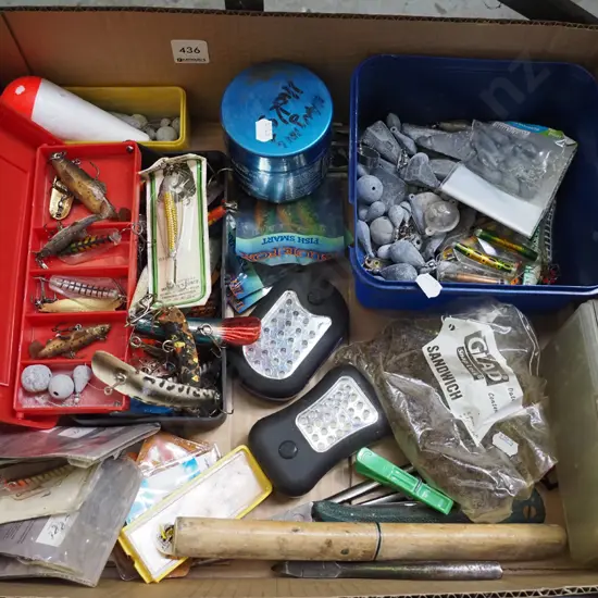 box; fishing lures, sinkers, knives etc