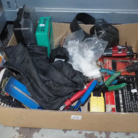 box; tyre pressure gauge, metric threading set, ear muffs etc