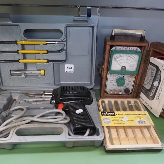 soldering iron, needle file set, vintage voltmeter
