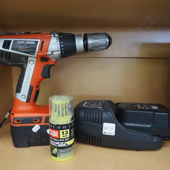 Black & Decker cordless drill, charger and 2 batteries, Ryobi drill bits