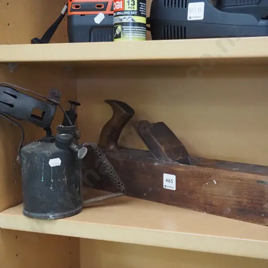 vintage brass blow torch, wooden hand plane