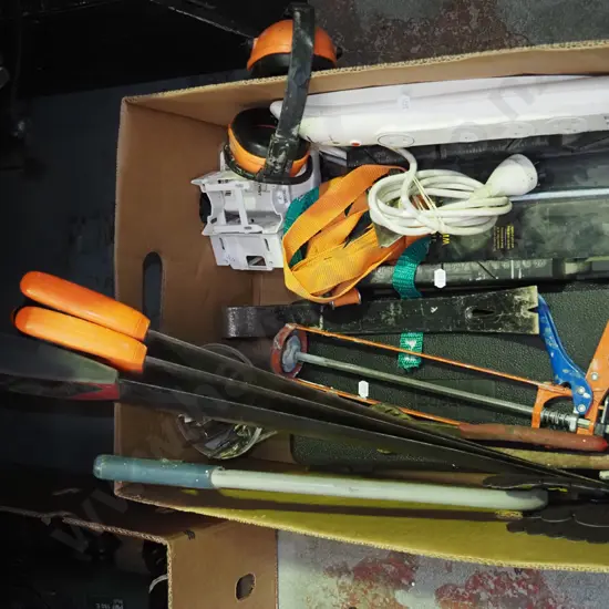 box; hand saws, multi boards, wrecking bar etc