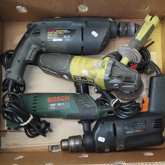 box; drills, multi tool, angle grinder