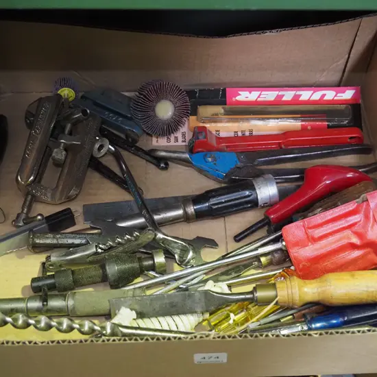 box; tin snips, chisels, clamps etc