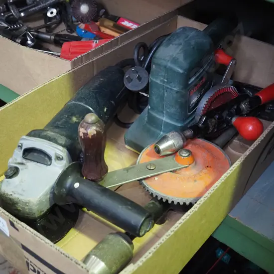 box; orbital sander, angle grinder, eggbeater drills