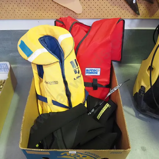 box; life jackets, child's wetsuit