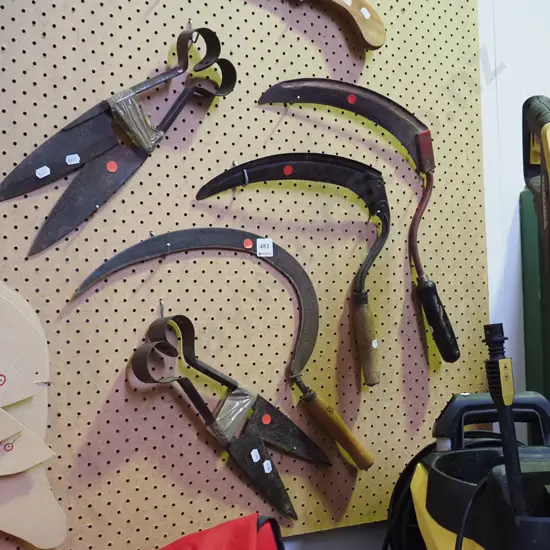 3x sickles, 2x vintage edging shears - red dots