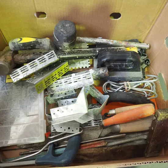 box; heavy hammer, rubber mallet, joist hangers etc