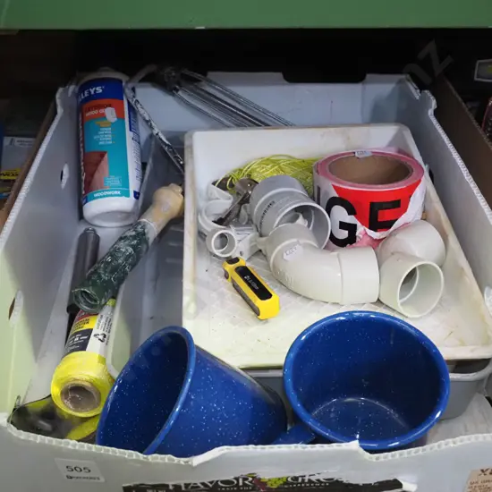 box; painter's trays, enamel mugs, PVA glue etc