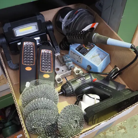 box; Ozito battery powered screwdriver, torches, soldering iron etc