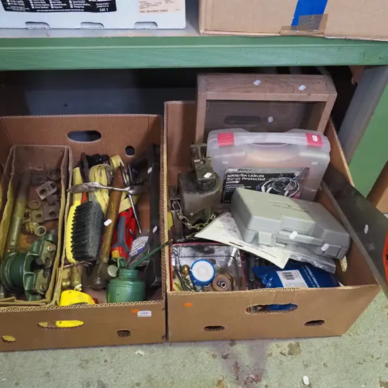 2 boxes; hack saw, hammer, oiler, vintage car jack, jumper leads etc - orange dots