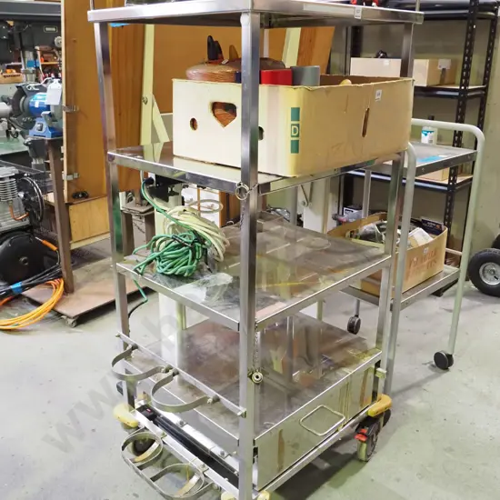 stainless steel 4 tier stand on casters - has bottom drawer plus multi box with earth wire H-1410 W-640 D-565