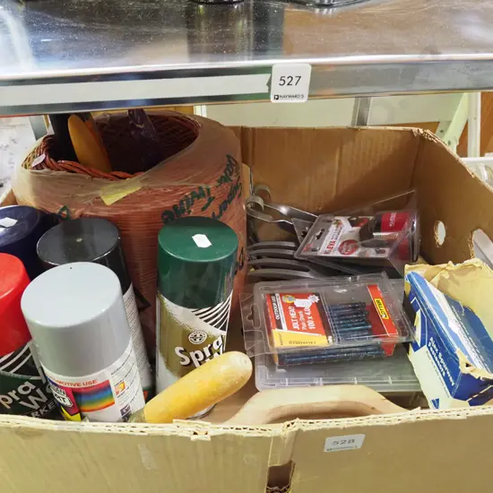 box; bailing twine, spray can, nails etc