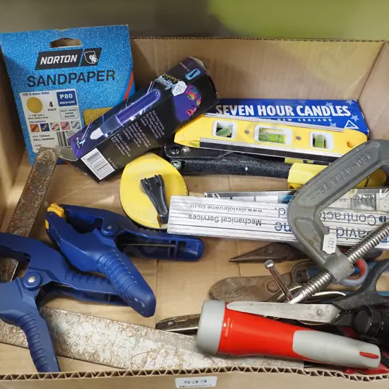 box; G clamp, builder's level, string line etc