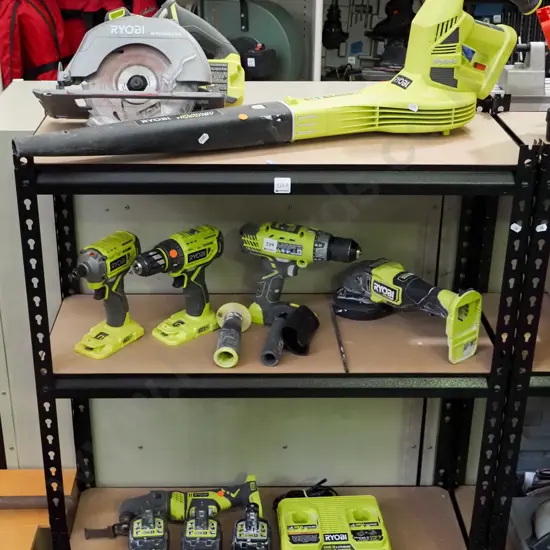 Ryobi 18V cordless tools - circular saw, blower, impact driver, 2x drills, angle grinder, multi tool, dual battery