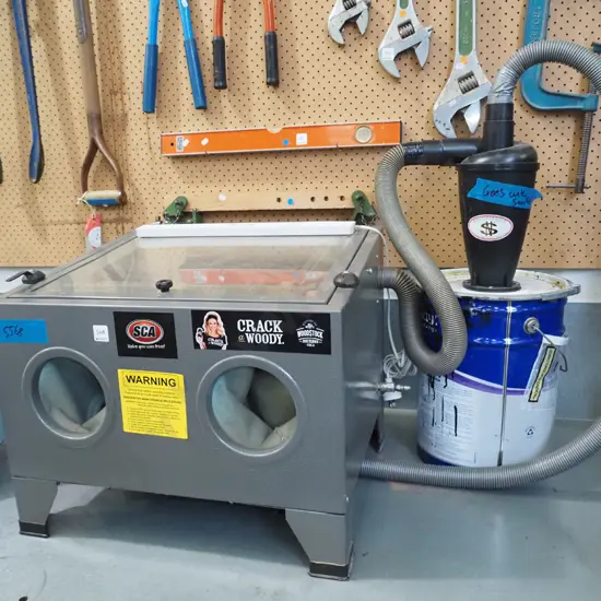 SCA bench top sand blaster with LED bar light, cyclone dust collector and barrel