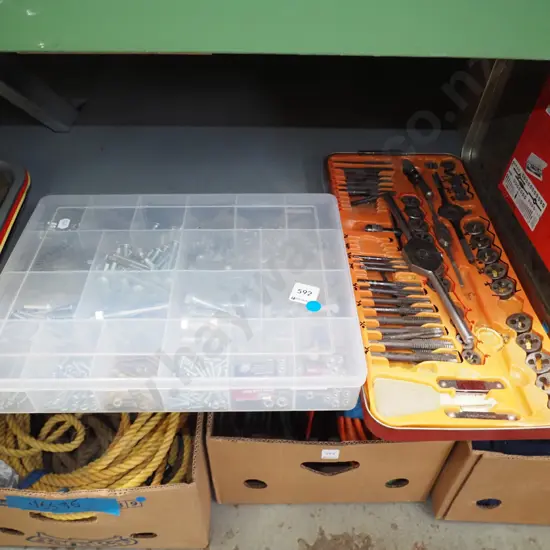 red cased tap and die set, container of nuts and bolts - blue dots