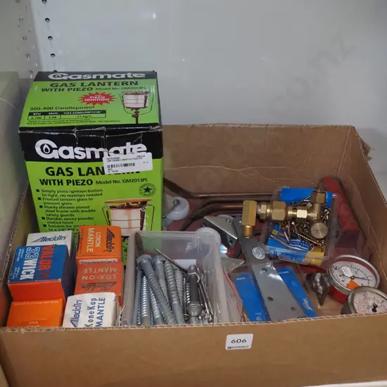box; gas lantern, mantles, vintage hinges etc