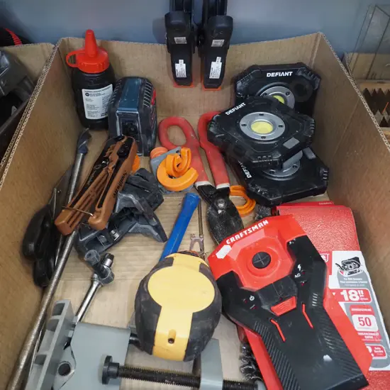 belt sander belts, LED magnetic lights, tin snips, drill bits etc