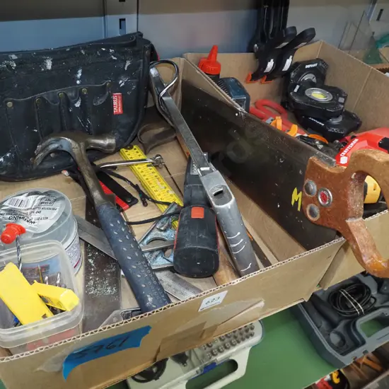 box; mitre saw, hack saw, builder's belt,torch etc