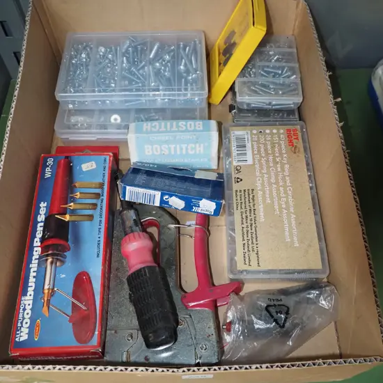 box; nuts, bolts, springs, wood burning pen set etc