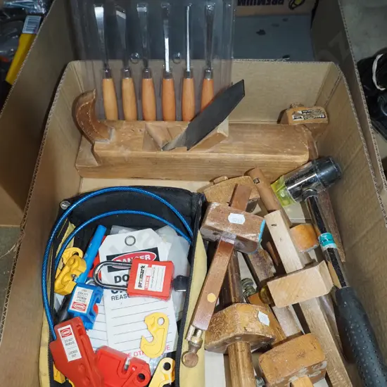 box; woodworker's marker gauges, hand plane, chisels etc