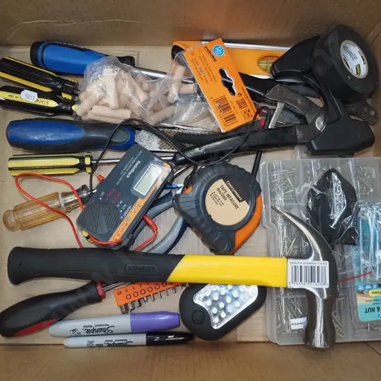 box; screwdrivers, hammers, screws etc