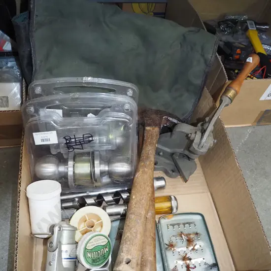box; fly fishing flies, door hardware etc