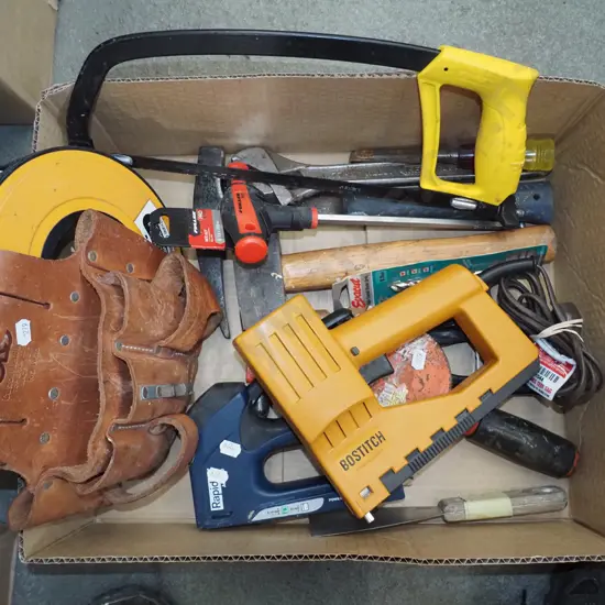 box; electrician belt, staplers, hammer, hand saw etc